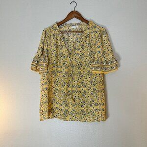 Max Studio Yellow & Blue Floral Short Sleeve Top